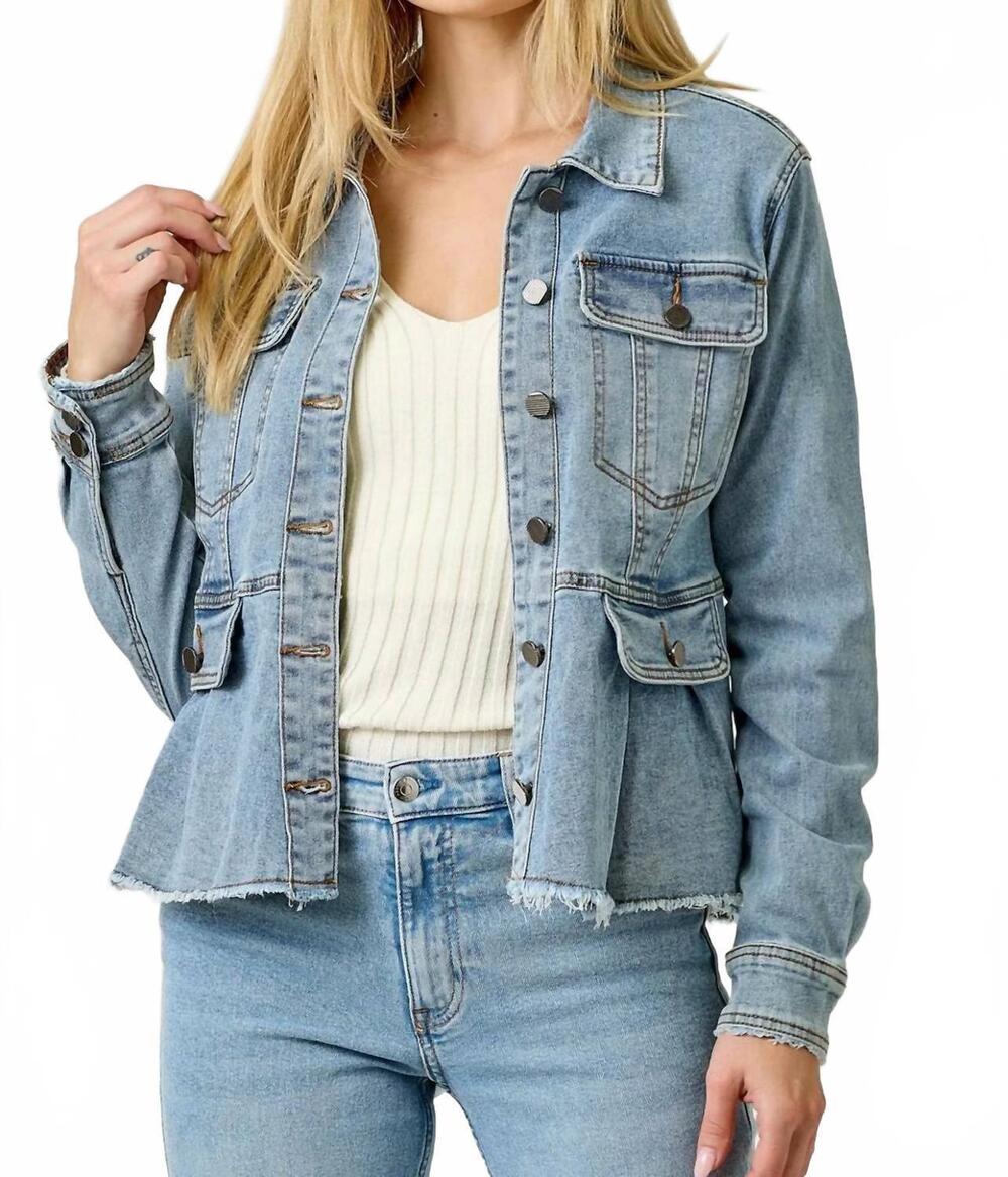 NEW MYSTREE washed denim peplum jacket in blue